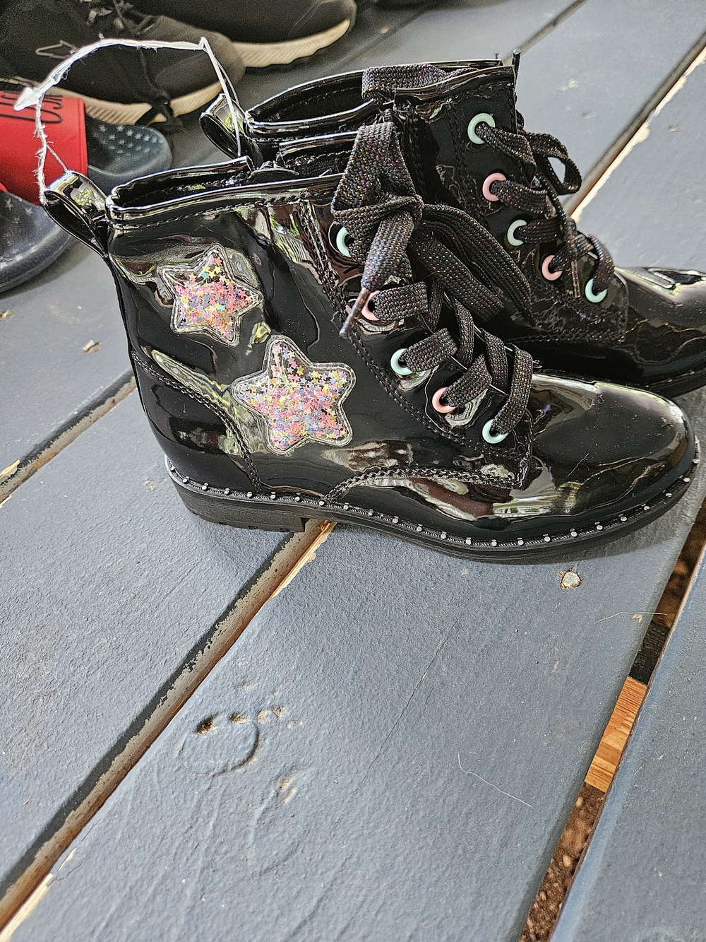 Jellypop Black Patent Lace-Up Kids Boots with Glitter Star Accents